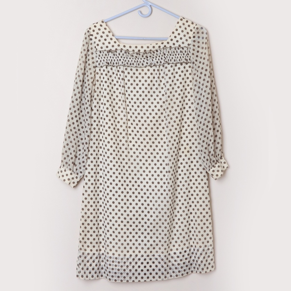 Vintage Ivory / Cream & Brown Polkadot Long Sleeve Dress S/M
